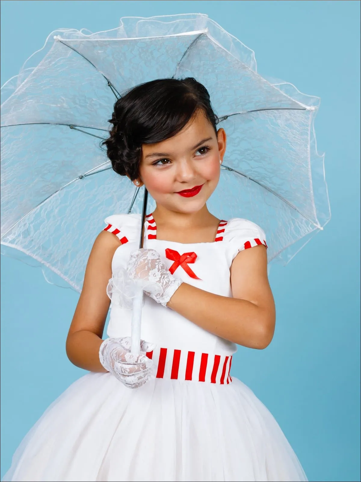 Girls Mary Poppins Inspired Striped Costume Dress with Lace Gloves