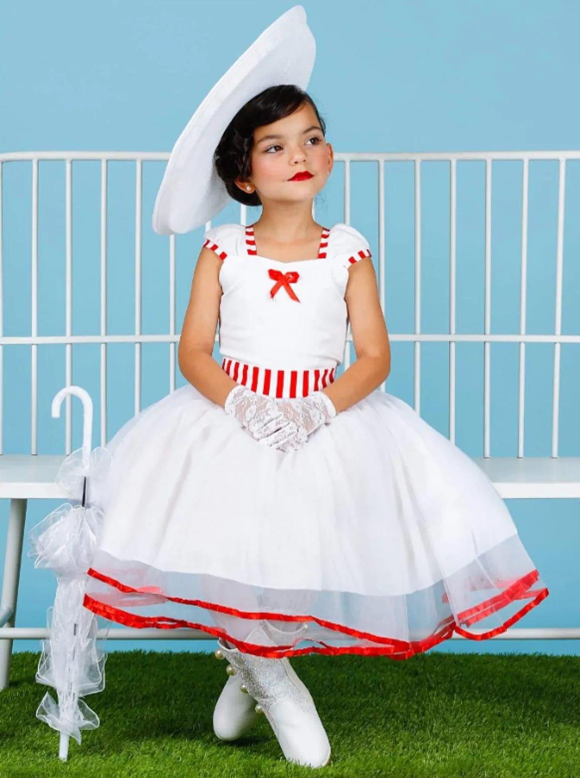 Girls Mary Poppins Inspired Striped Costume Dress with Lace Gloves