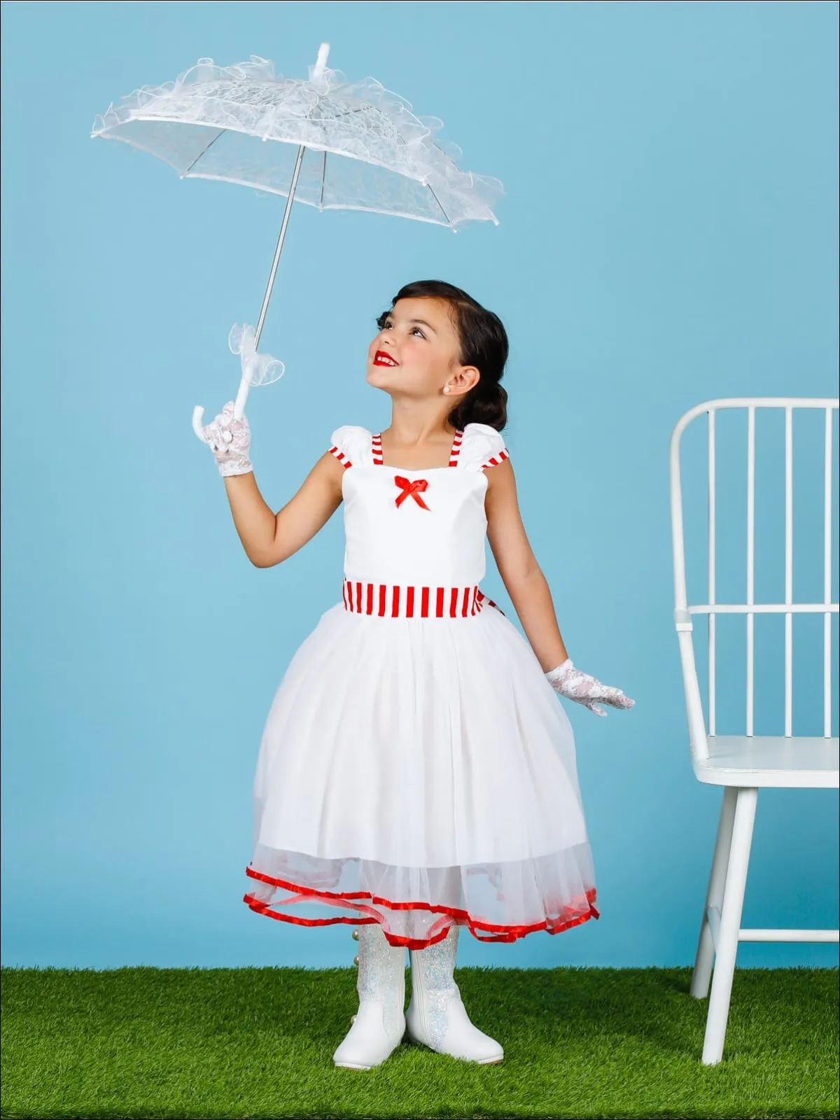 Girls Mary Poppins Inspired Striped Costume Dress with Lace Gloves