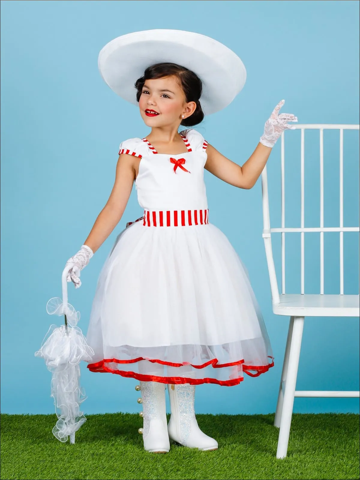 Girls Mary Poppins Inspired Striped Costume Dress with Lace Gloves