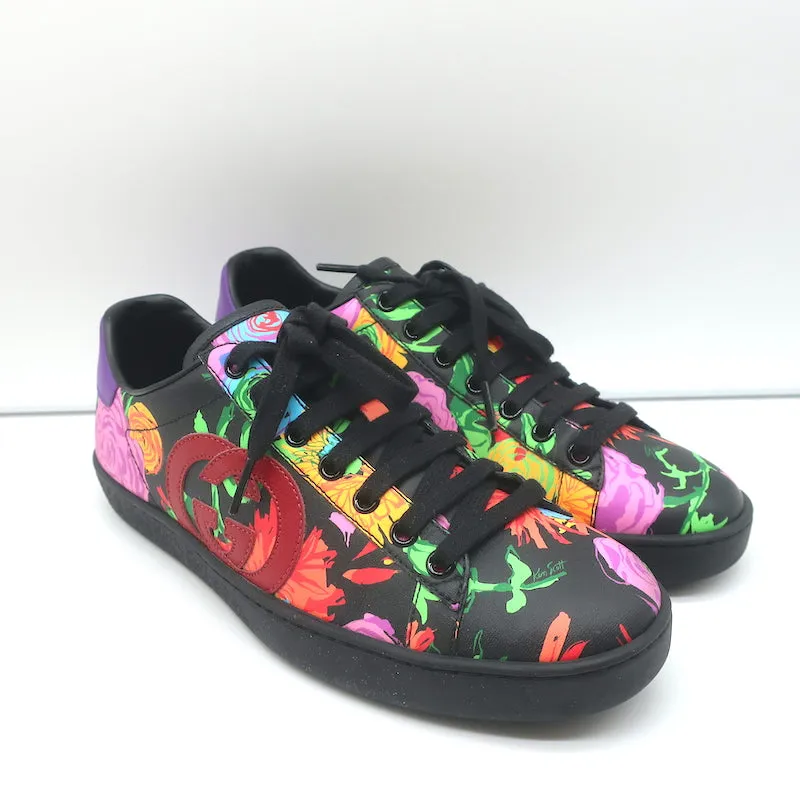 Gucci Ken Scott Ace Sneakers Black Floral Print Leather Size 38