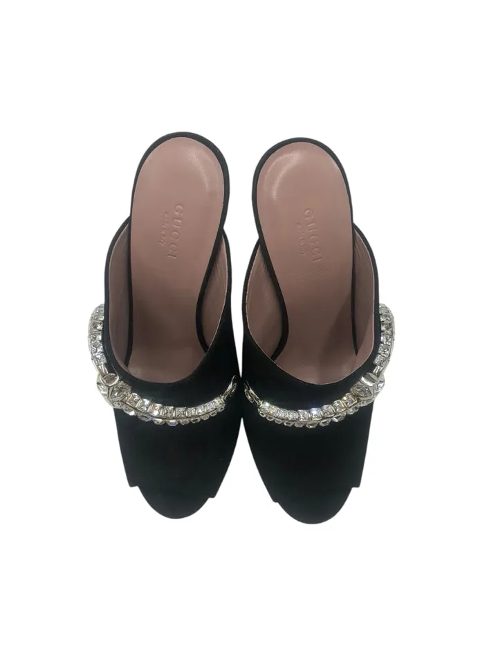 Gucci Maxime Crystal Icon Peep Toe Heeled Mule Women's 38.5 = US 8.5