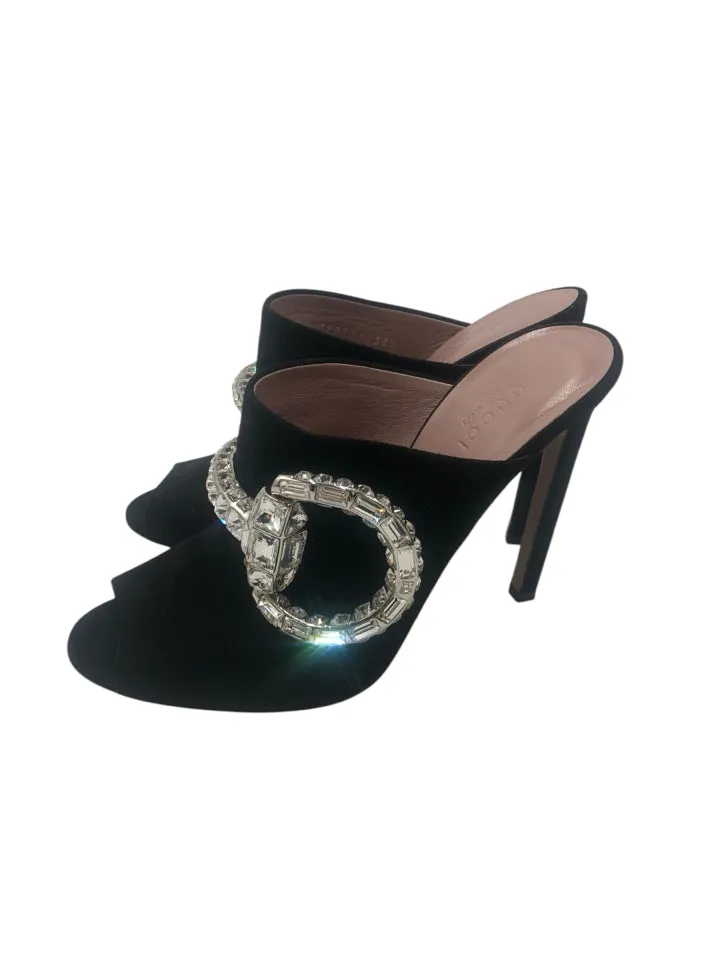 Gucci Maxime Crystal Icon Peep Toe Heeled Mule Women's 38.5 = US 8.5