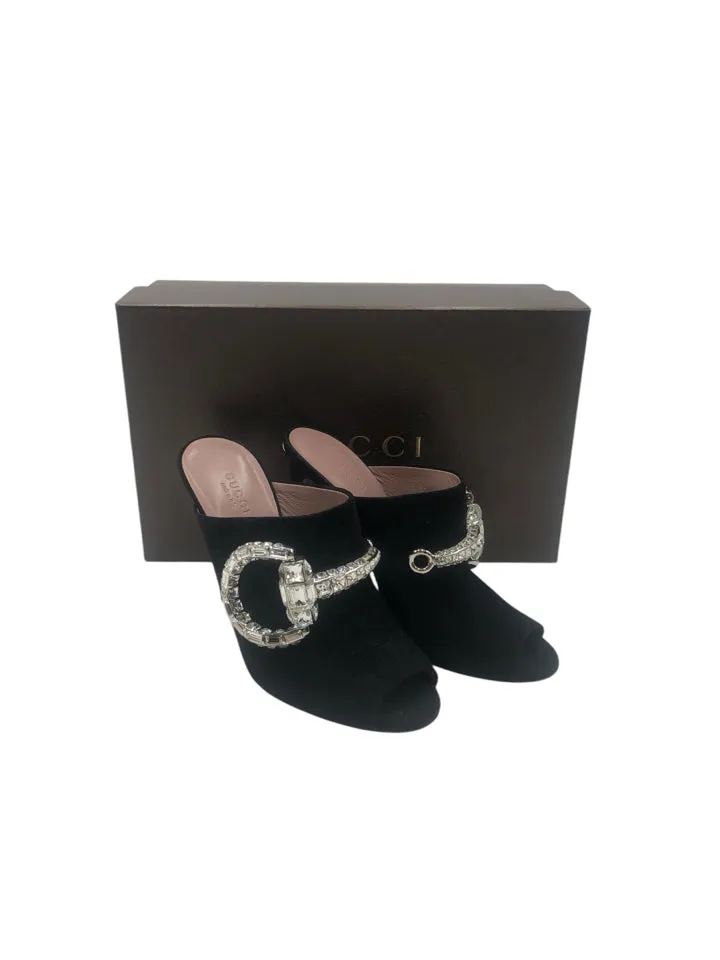 Gucci Maxime Crystal Icon Peep Toe Heeled Mule Women's 38.5 = US 8.5