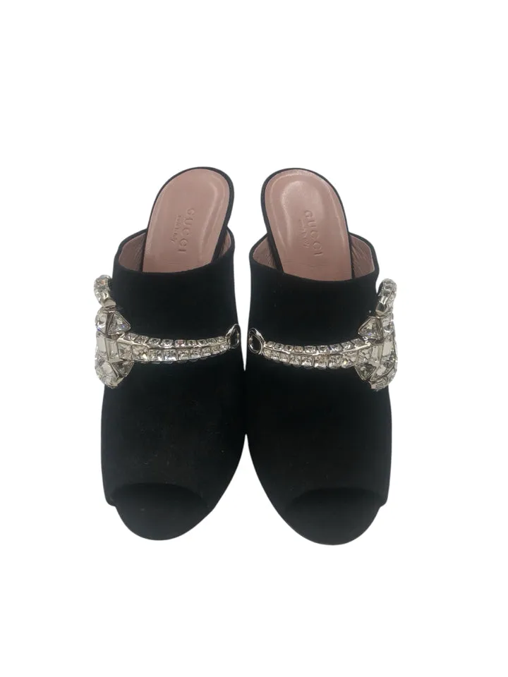 Gucci Maxime Crystal Icon Peep Toe Heeled Mule Women's 38.5 = US 8.5