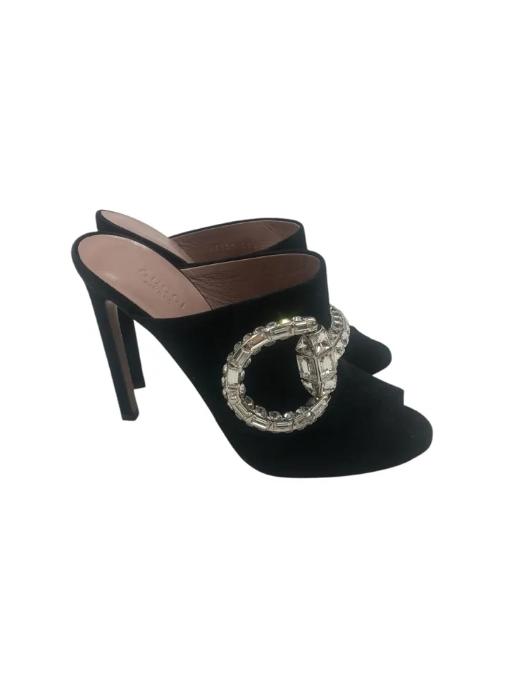 Gucci Maxime Crystal Icon Peep Toe Heeled Mule Women's 38.5 = US 8.5