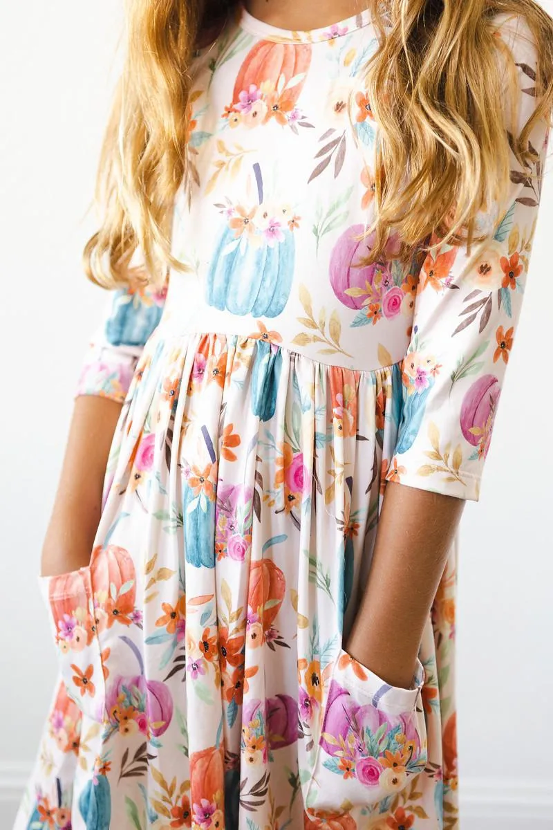 HARVEST BLOOMS 3/4 SLEEVE POCKET TWIRL DRESS