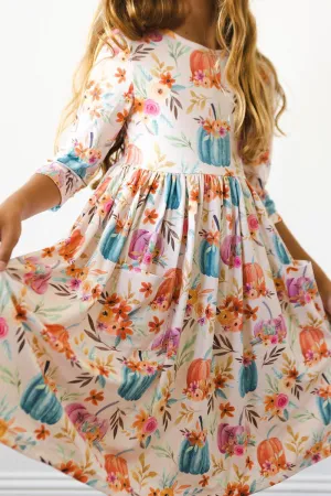HARVEST BLOOMS 3/4 SLEEVE POCKET TWIRL DRESS
