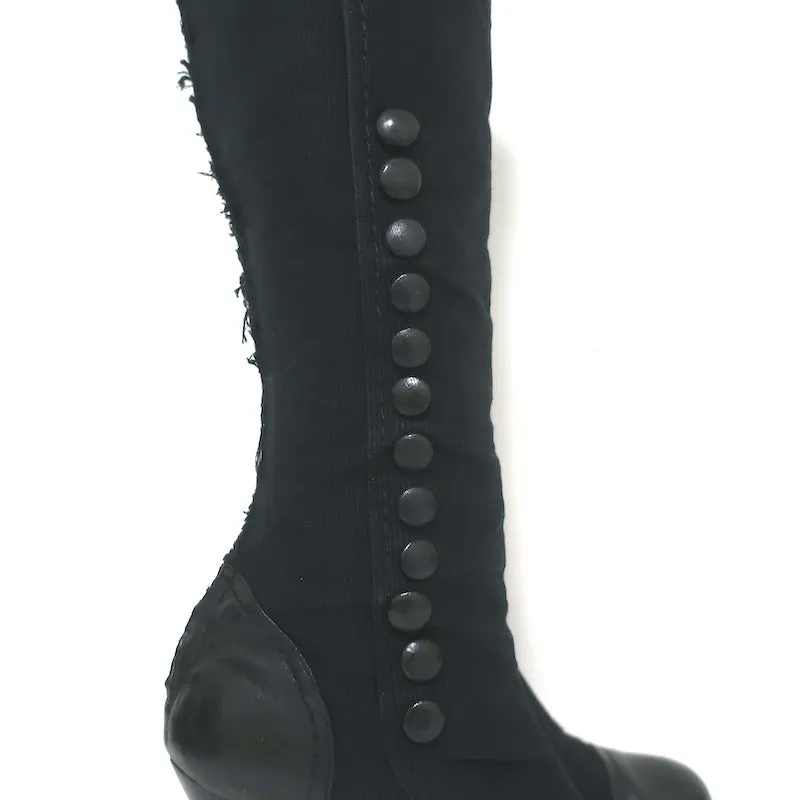 Lanvin Cap Toe Buttoned Knee High Boots Black Corduroy & Leather Size 39