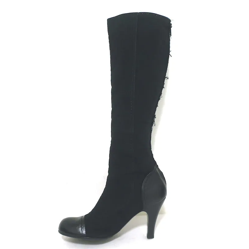 Lanvin Cap Toe Buttoned Knee High Boots Black Corduroy & Leather Size 39
