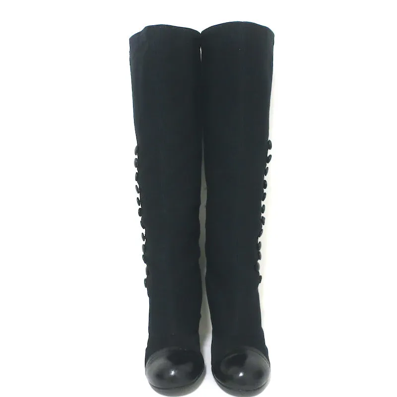 Lanvin Cap Toe Buttoned Knee High Boots Black Corduroy & Leather Size 39