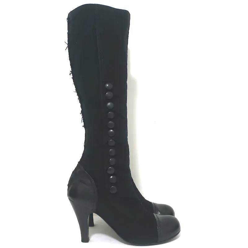 Lanvin Cap Toe Buttoned Knee High Boots Black Corduroy & Leather Size 39