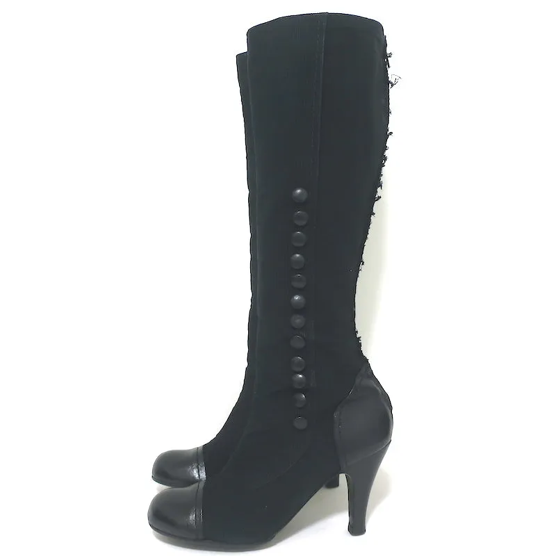 Lanvin Cap Toe Buttoned Knee High Boots Black Corduroy & Leather Size 39