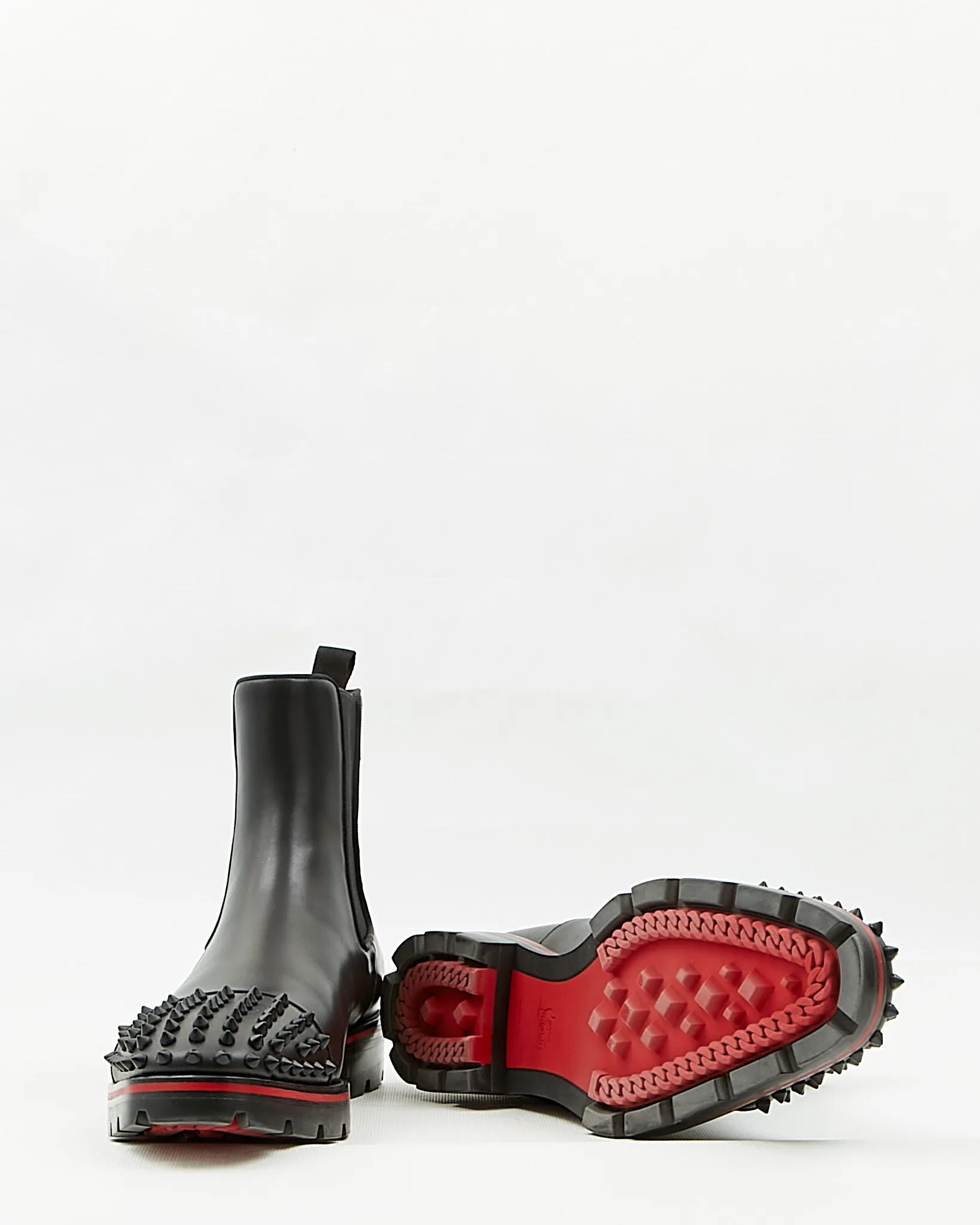 Louboutin Black Leather Melon Spikes Flat Calf / GG Chelsea Boots - 45