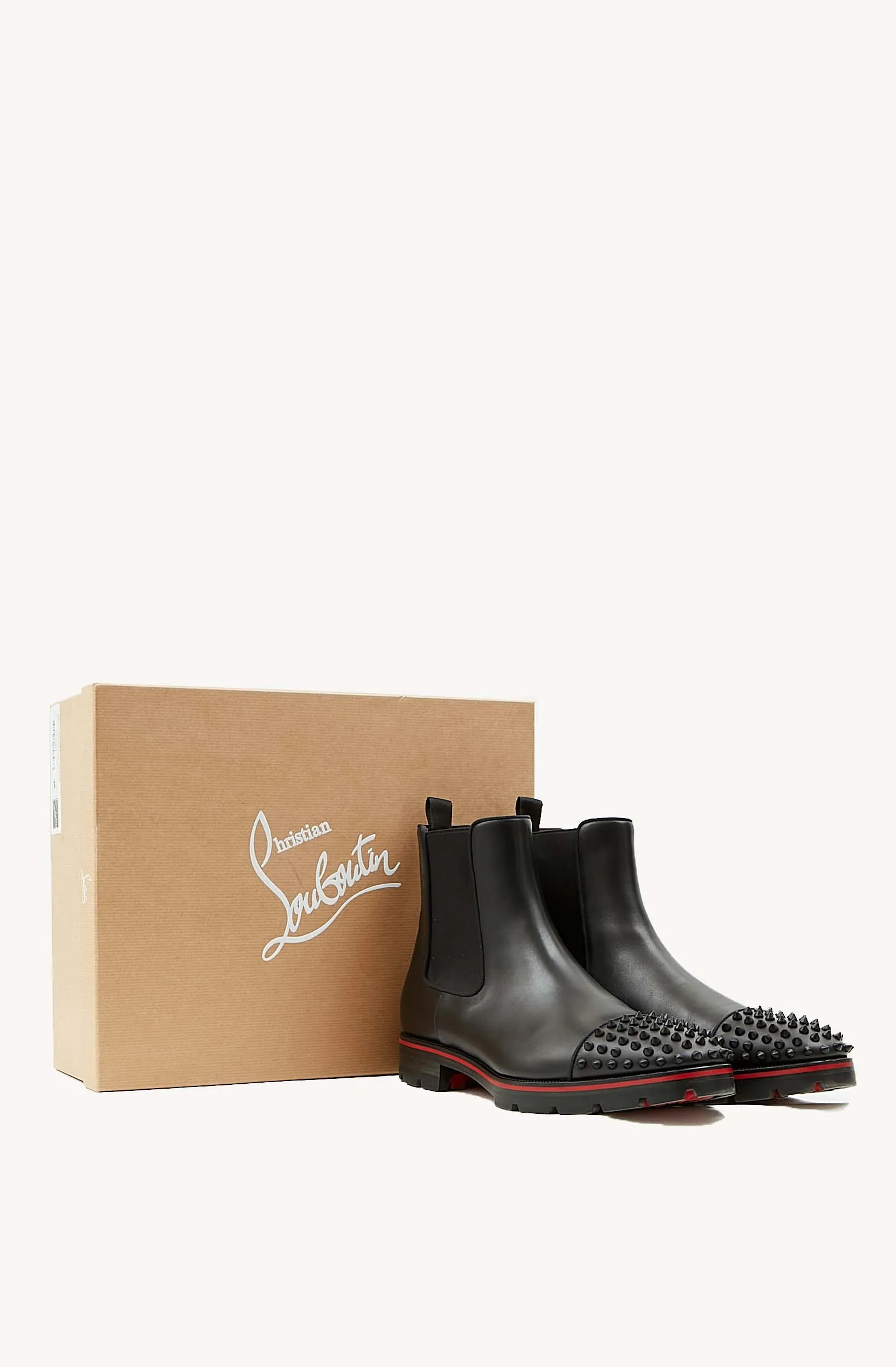 Louboutin Black Leather Melon Spikes Flat Calf / GG Chelsea Boots - 45