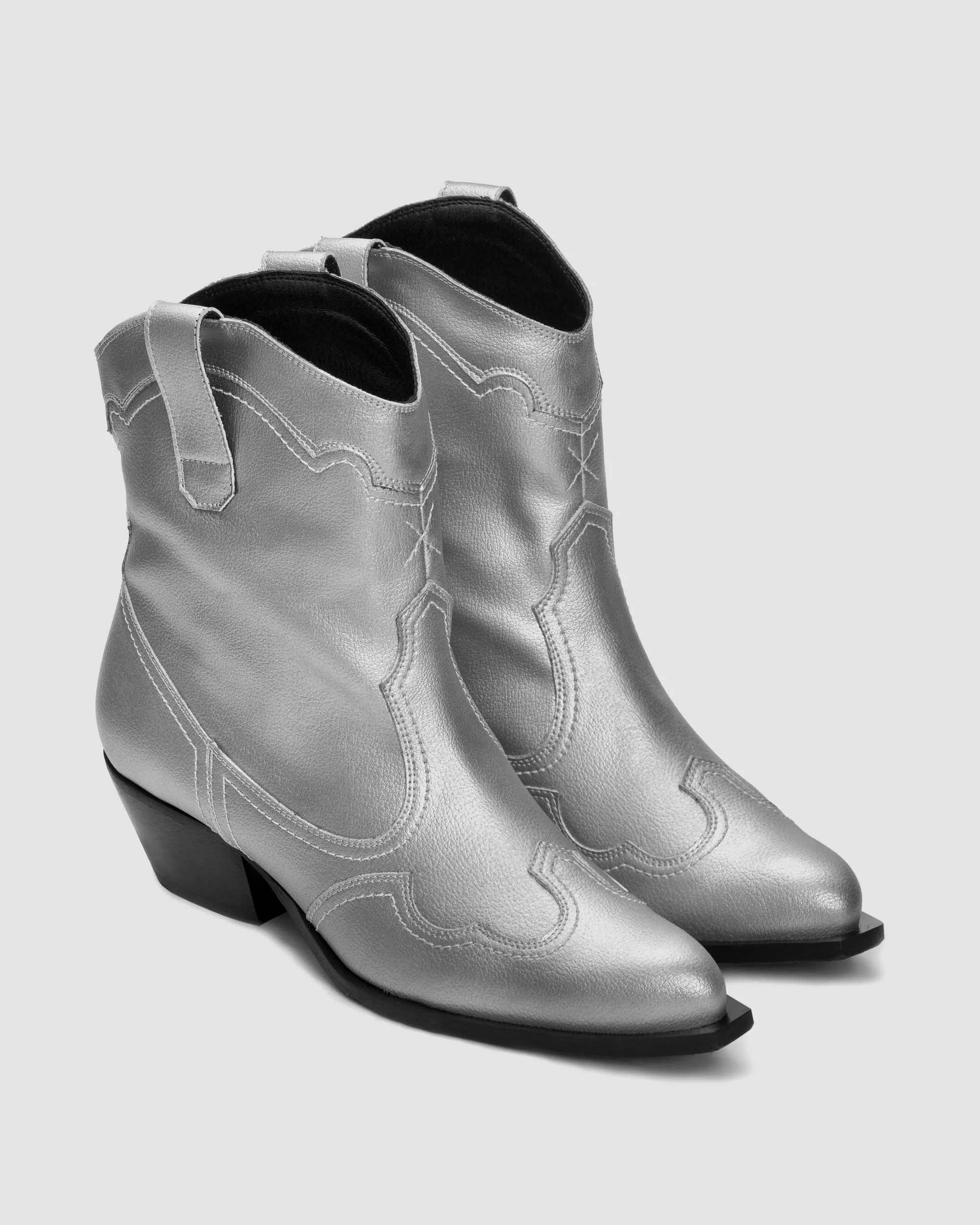 Metallic Grape Leather Stitchy Vegan Cowboy Boots | Silver
