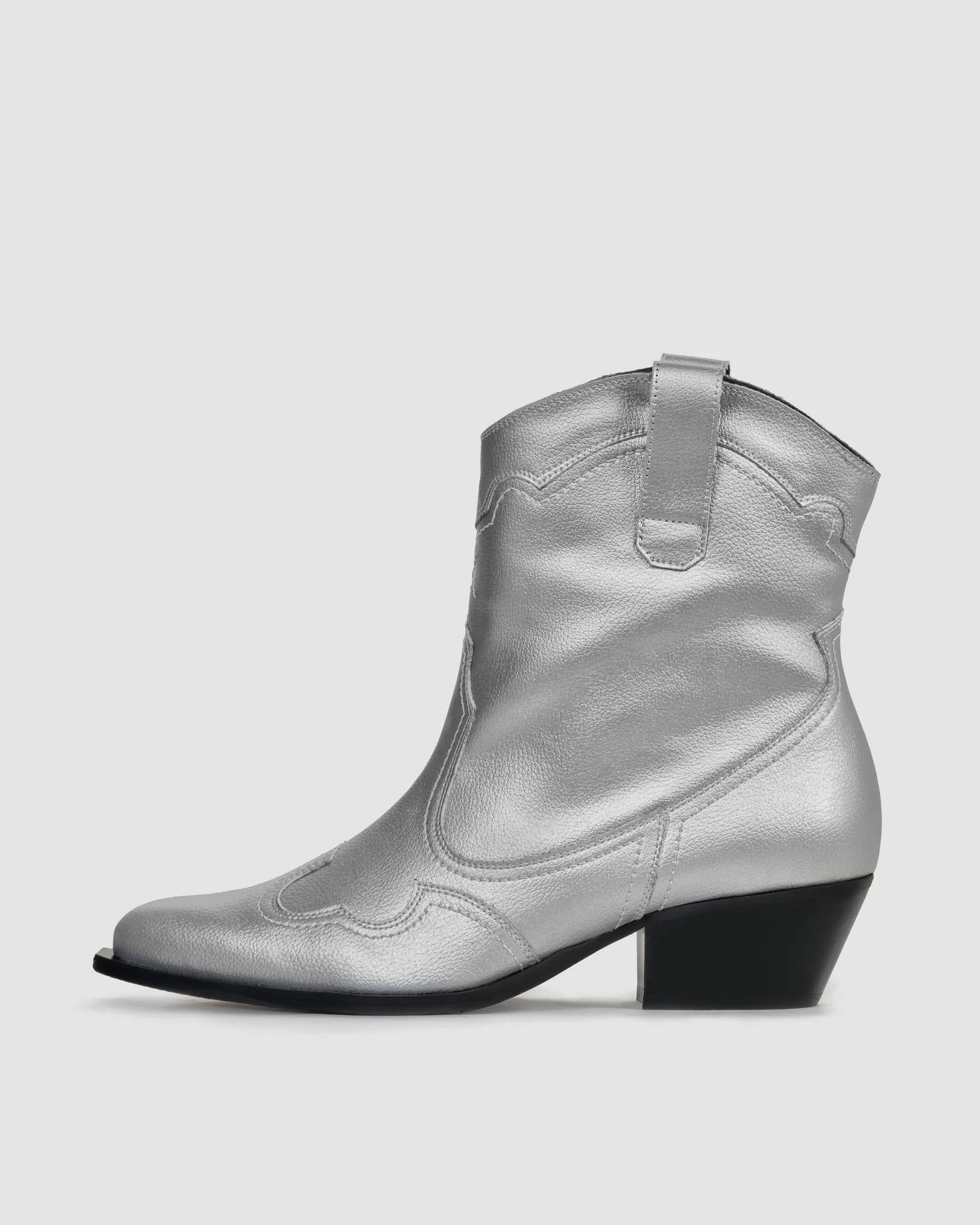 Metallic Grape Leather Stitchy Vegan Cowboy Boots | Silver