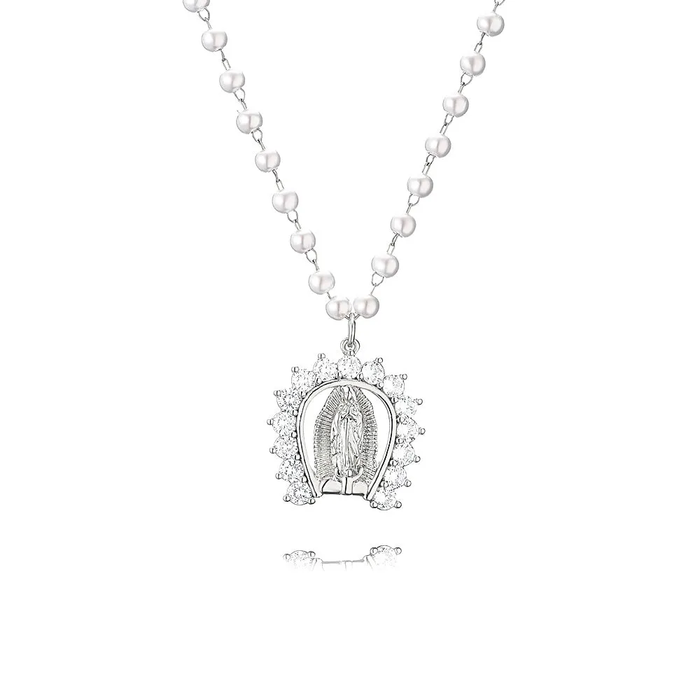 Micropavé Fancy Diamond Pearl Chain Virgin Mary Necklaces