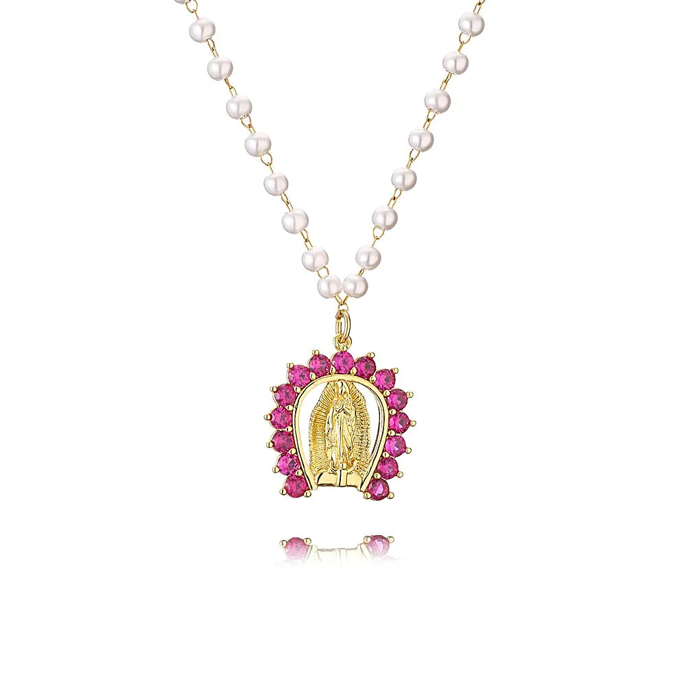 Micropavé Fancy Diamond Pearl Chain Virgin Mary Necklaces