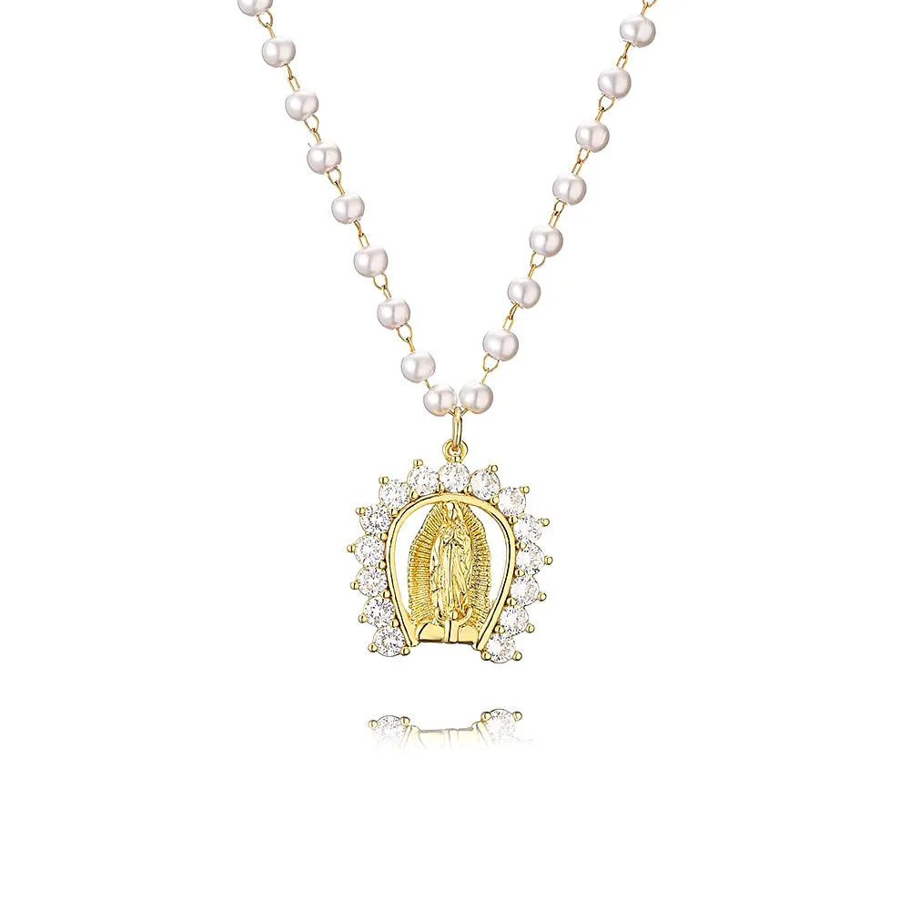 Micropavé Fancy Diamond Pearl Chain Virgin Mary Necklaces