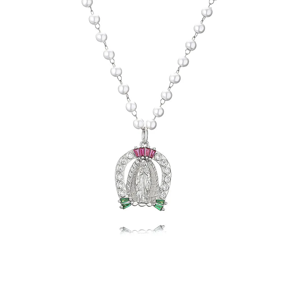 Micropavé Fancy Diamond Pearl Chain Virgin Mary Necklaces