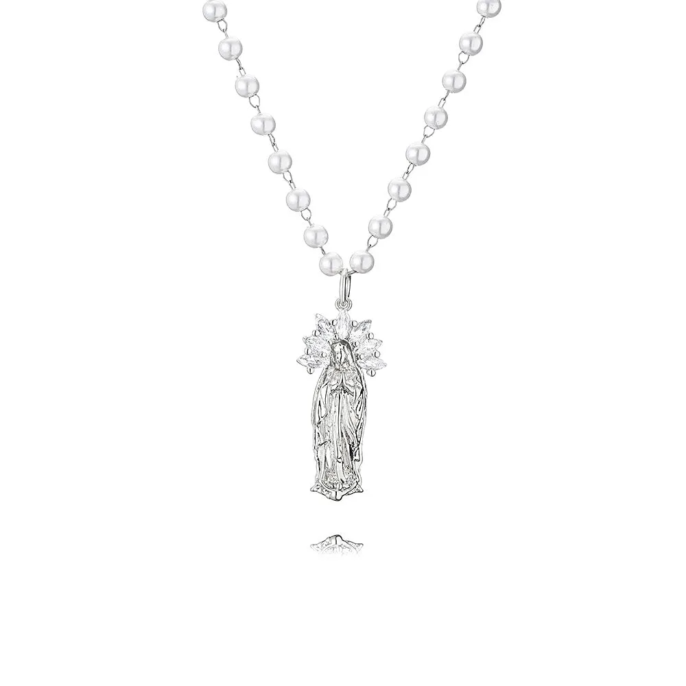 Micropavé Fancy Diamond Pearl Chain Virgin Mary Necklaces