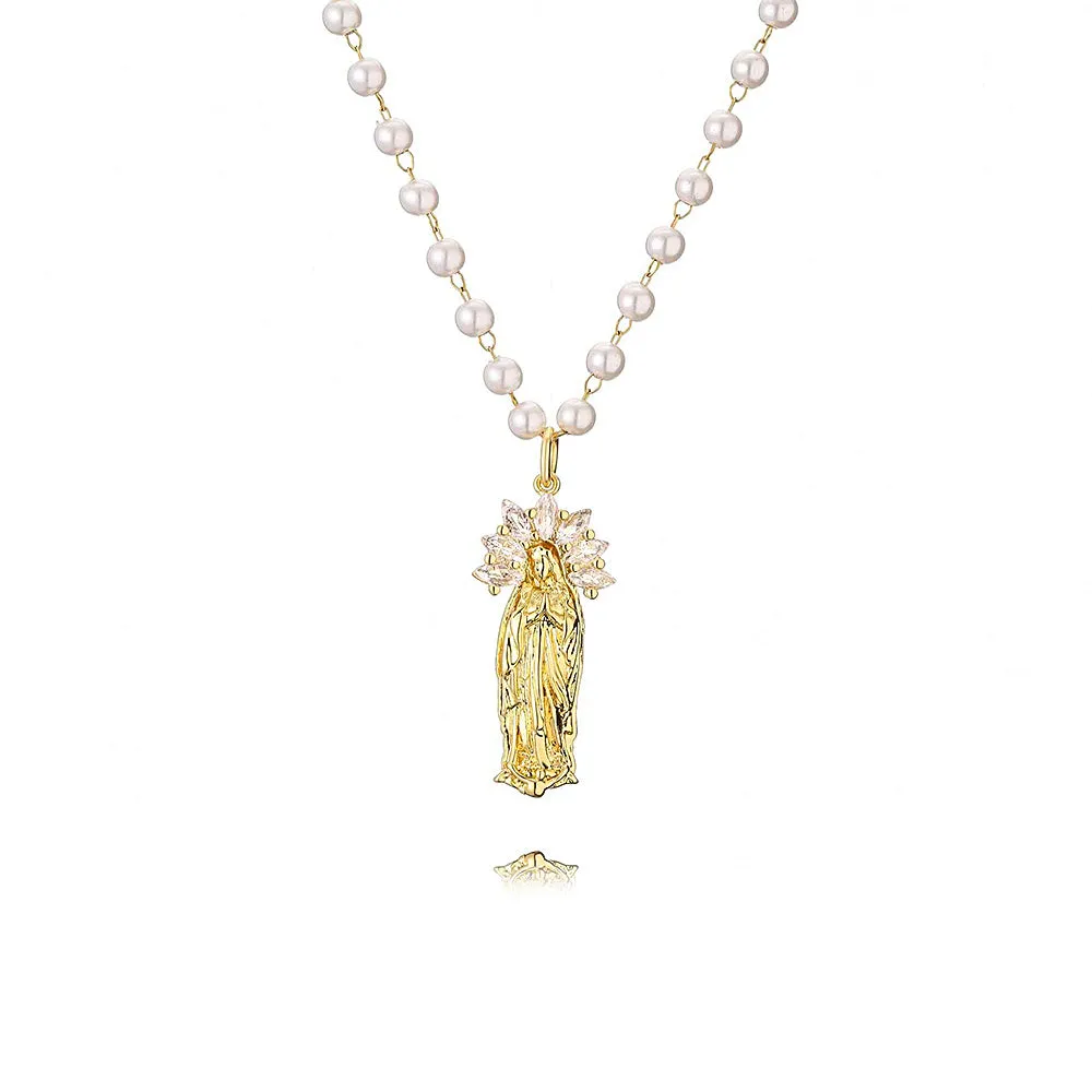 Micropavé Fancy Diamond Pearl Chain Virgin Mary Necklaces