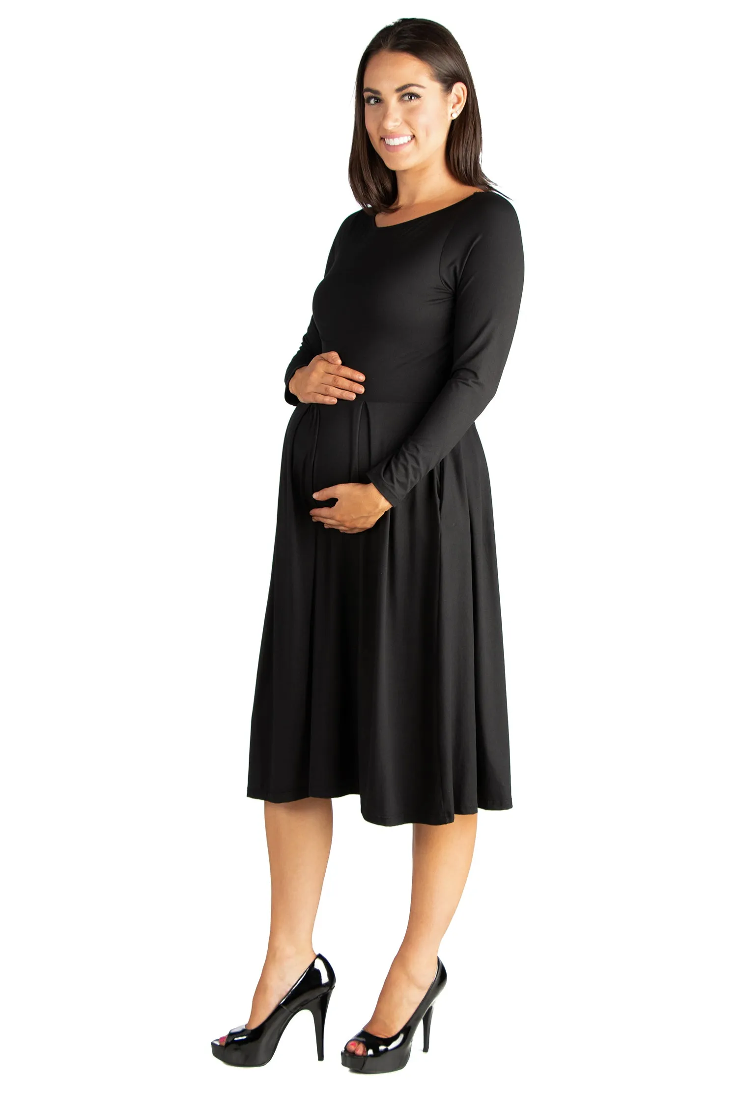 Midi Length Fit N Flare Pocket Maternity Dress
