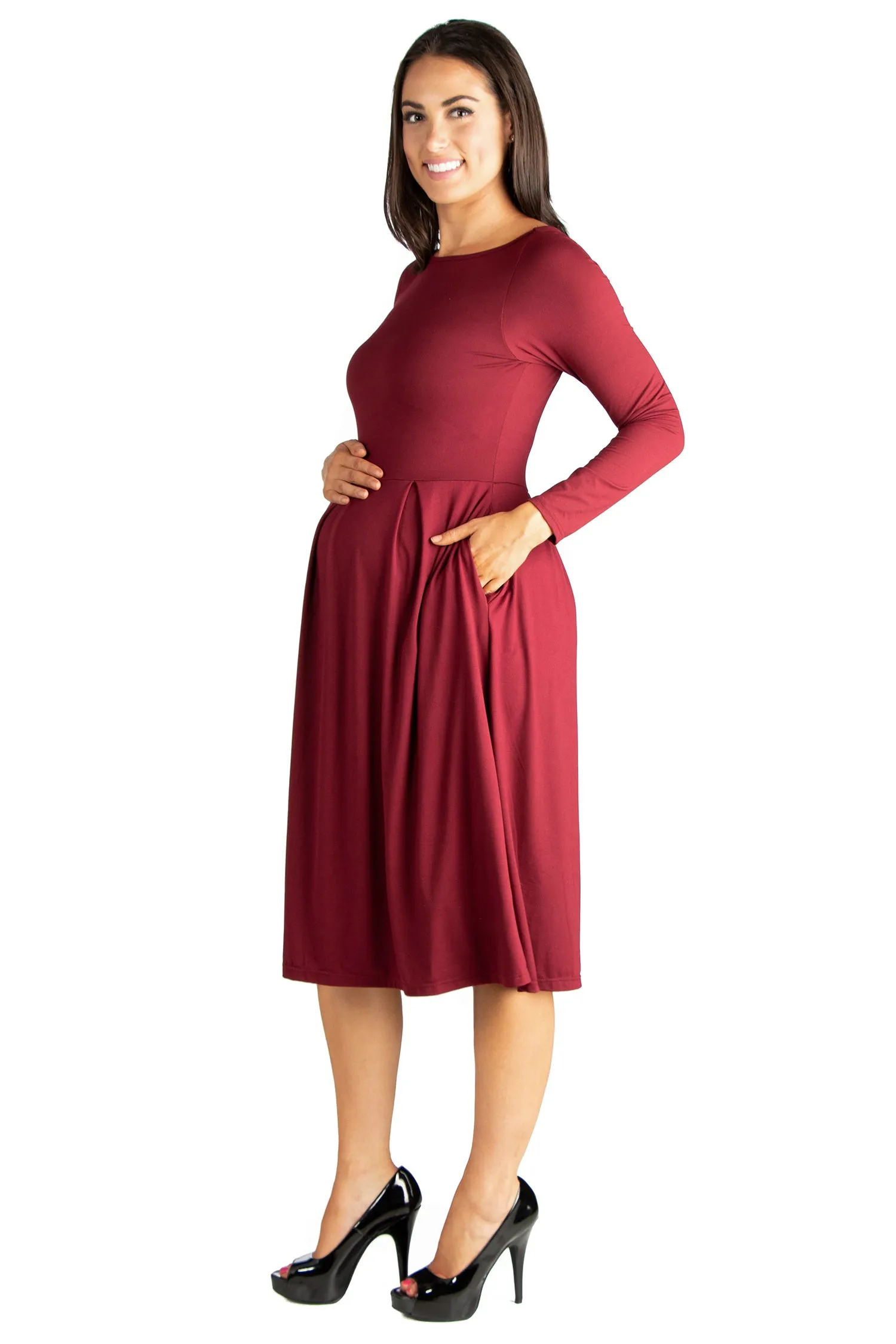 Midi Length Fit N Flare Pocket Maternity Dress