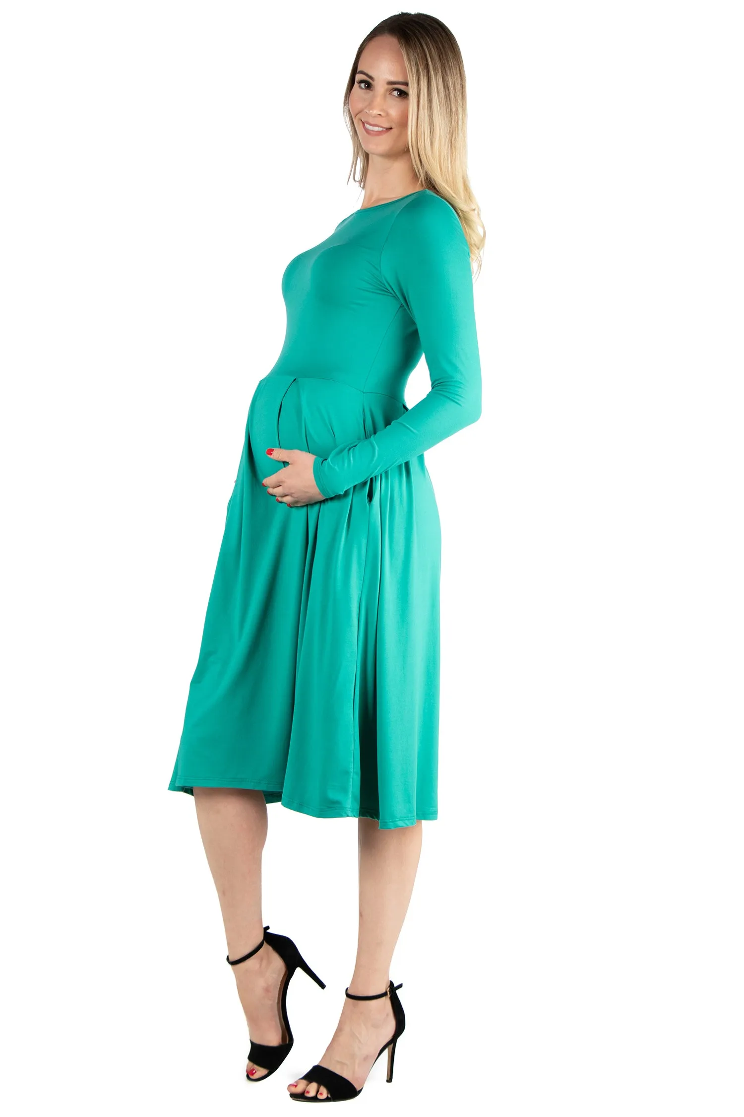 Midi Length Fit N Flare Pocket Maternity Dress