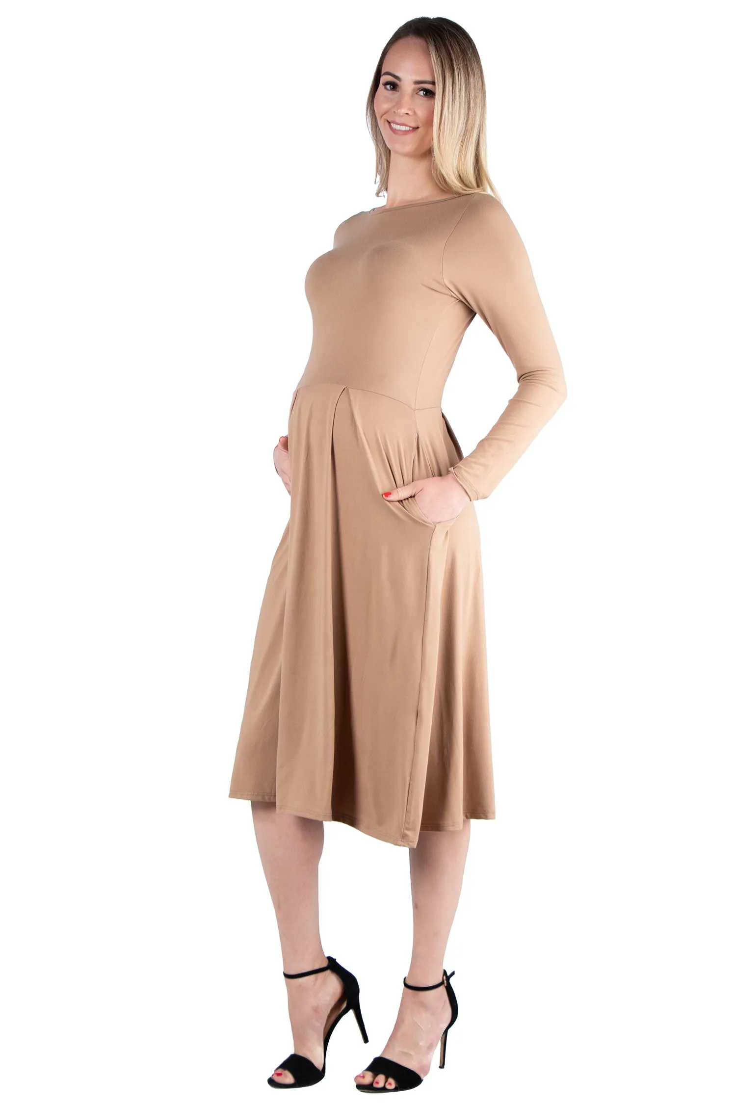 Midi Length Fit N Flare Pocket Maternity Dress