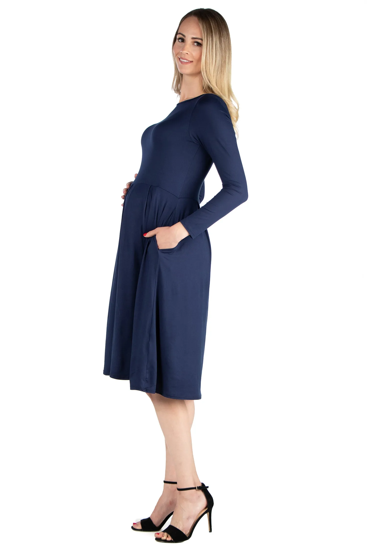 Midi Length Fit N Flare Pocket Maternity Dress