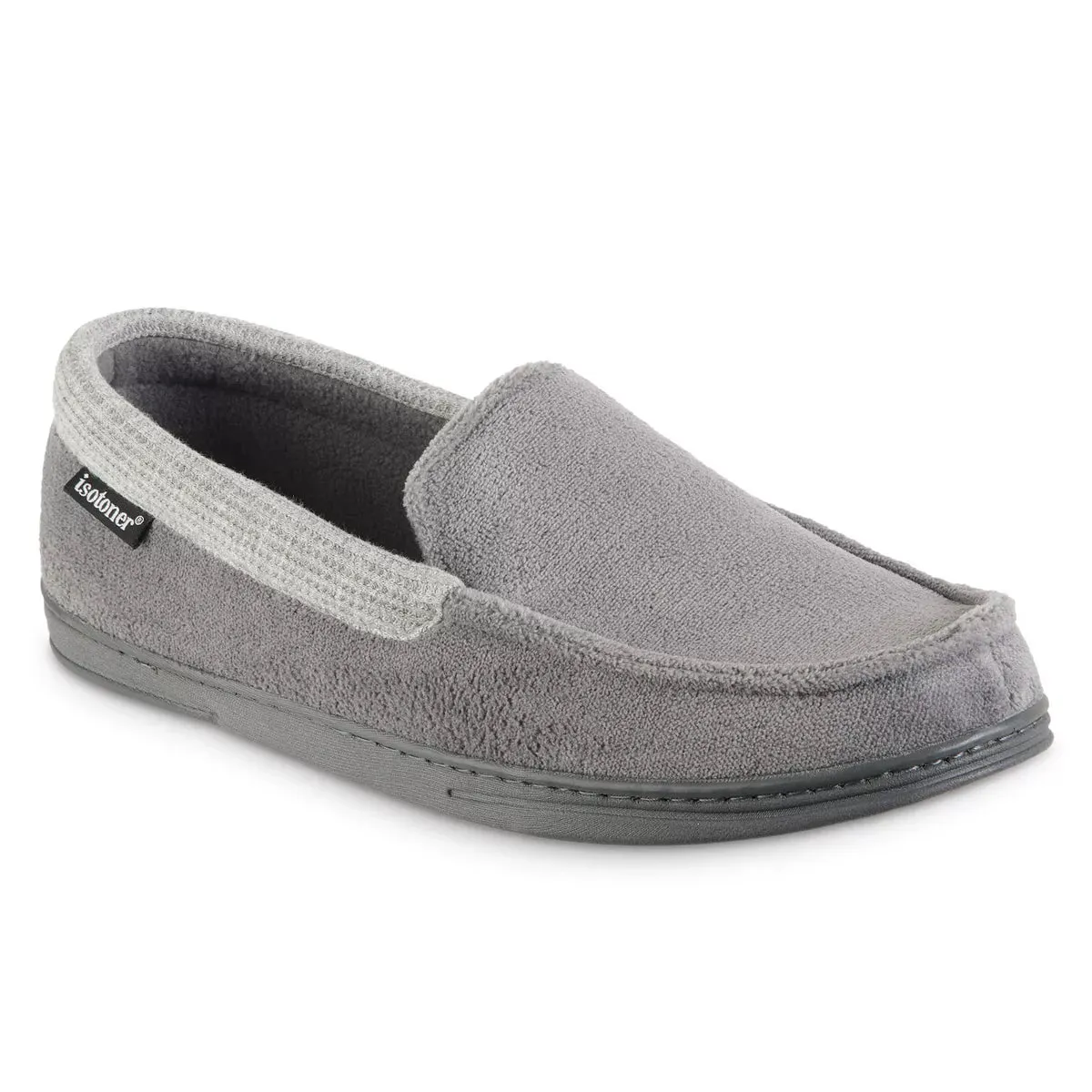 New Men's isotoner Microterry and Waffle Travis Moccasin Slippers, light grey Sz XL 11-12