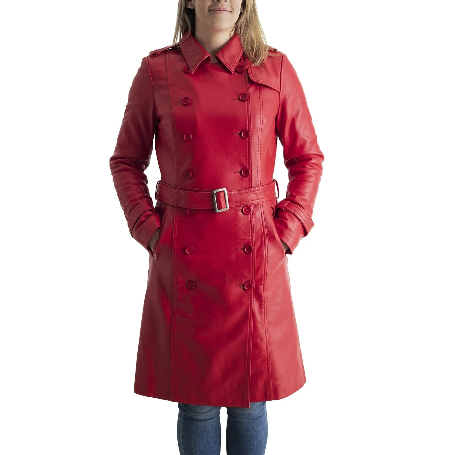 Olivia - Women's Leather Trench Coat Red