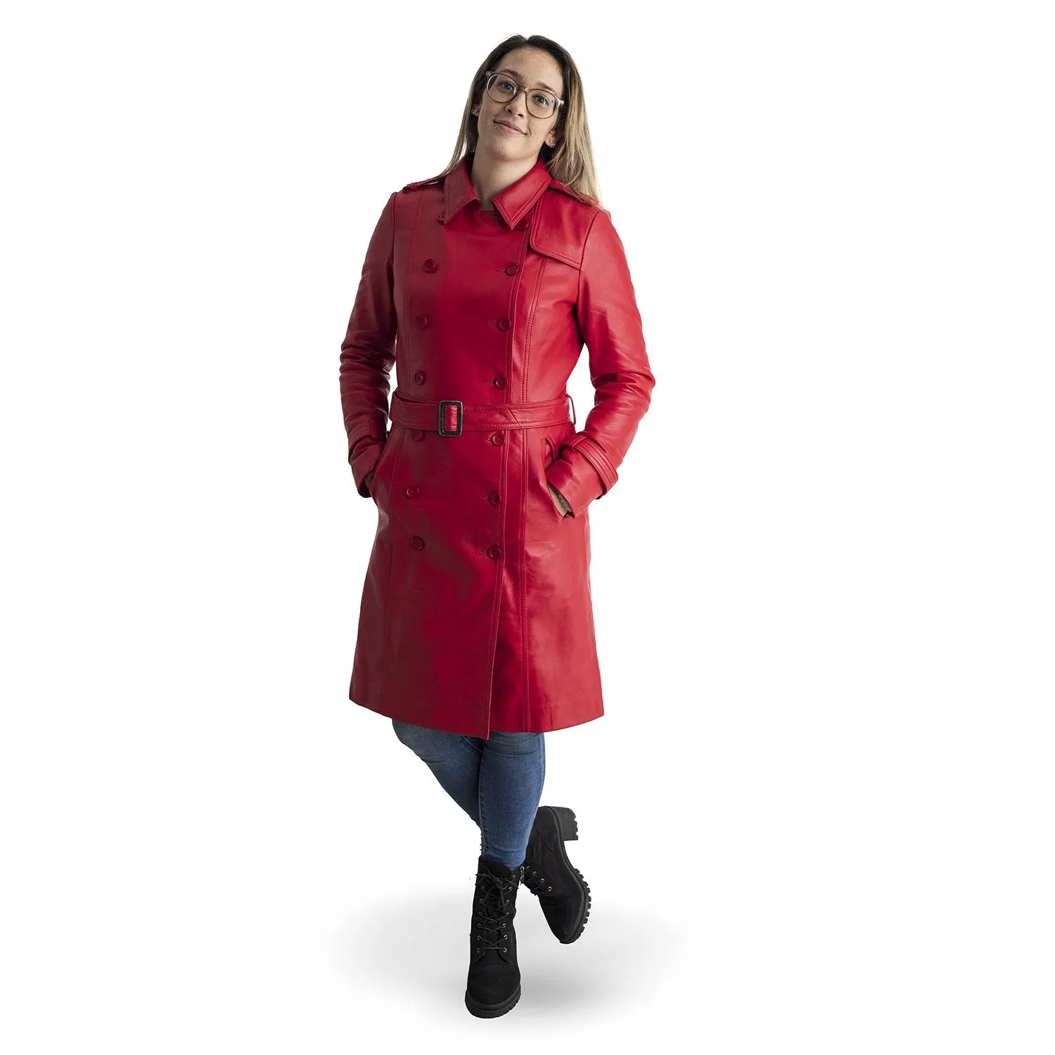 Olivia - Women's Leather Trench Coat Red