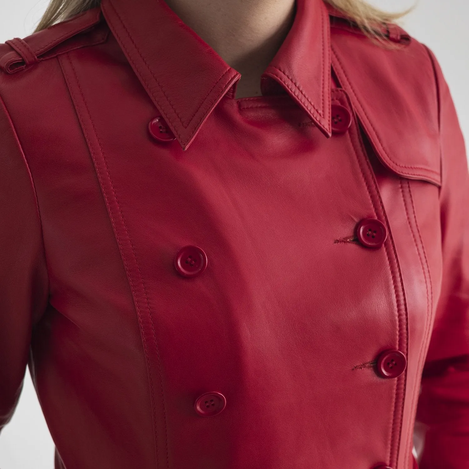 Olivia - Women's Leather Trench Coat Red
