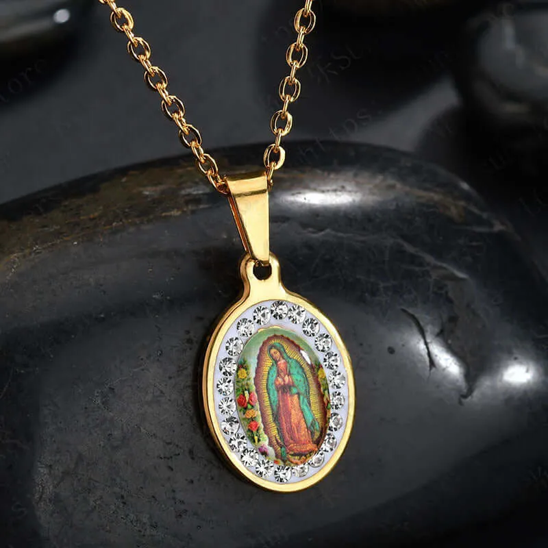 Oval Diamond Colorful Virgin Mary Portrait Virgencita Necklace