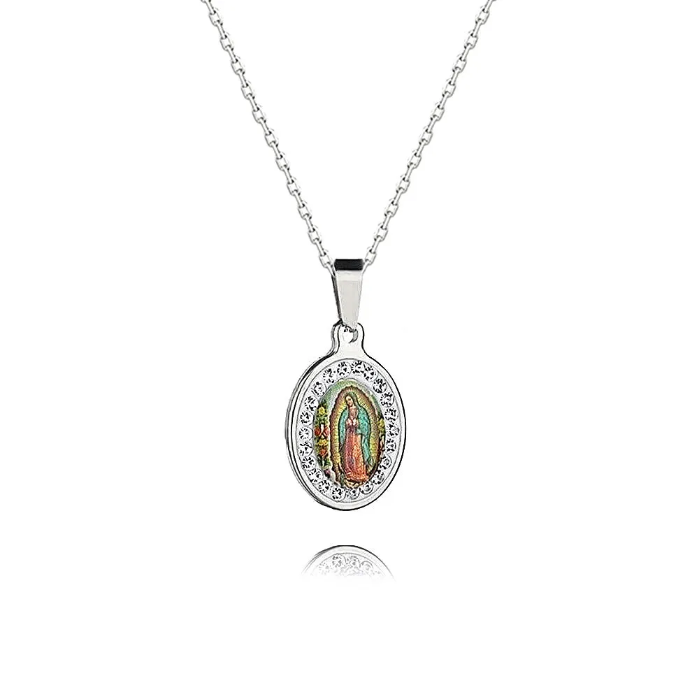 Oval Diamond Colorful Virgin Mary Portrait Virgencita Necklace