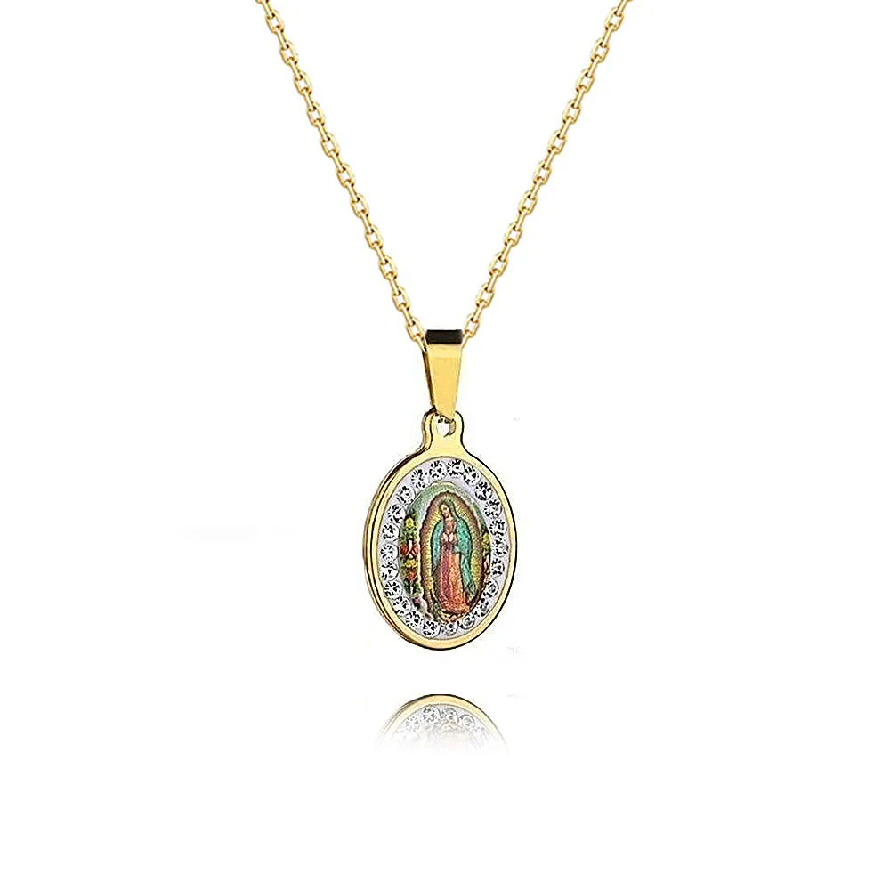 Oval Diamond Colorful Virgin Mary Portrait Virgencita Necklace