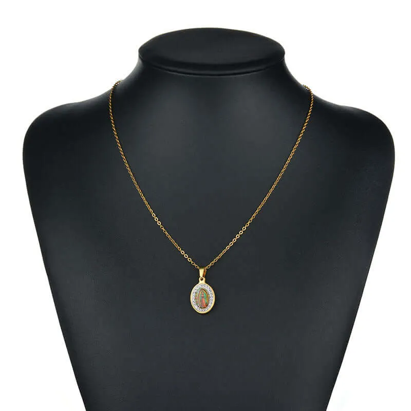 Oval Diamond Colorful Virgin Mary Portrait Virgencita Necklace