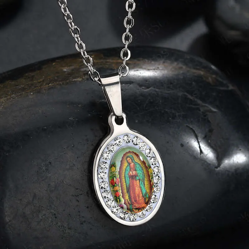 Oval Diamond Colorful Virgin Mary Portrait Virgencita Necklace