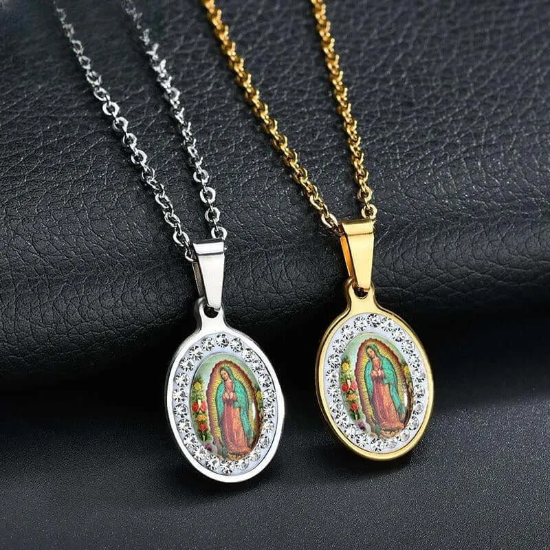 Oval Diamond Colorful Virgin Mary Portrait Virgencita Necklace