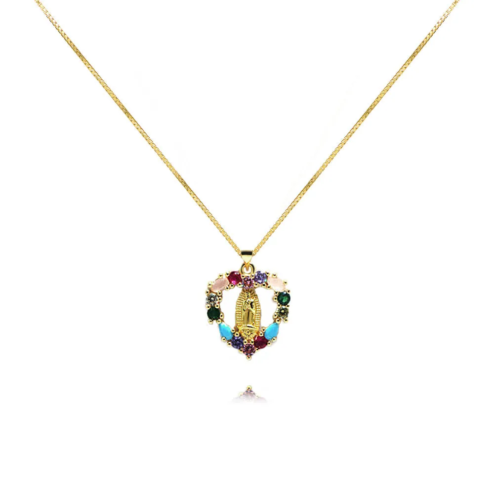 Oval Heart-shaped Colored Zirconia Virgin Mary Virgencita Necklace