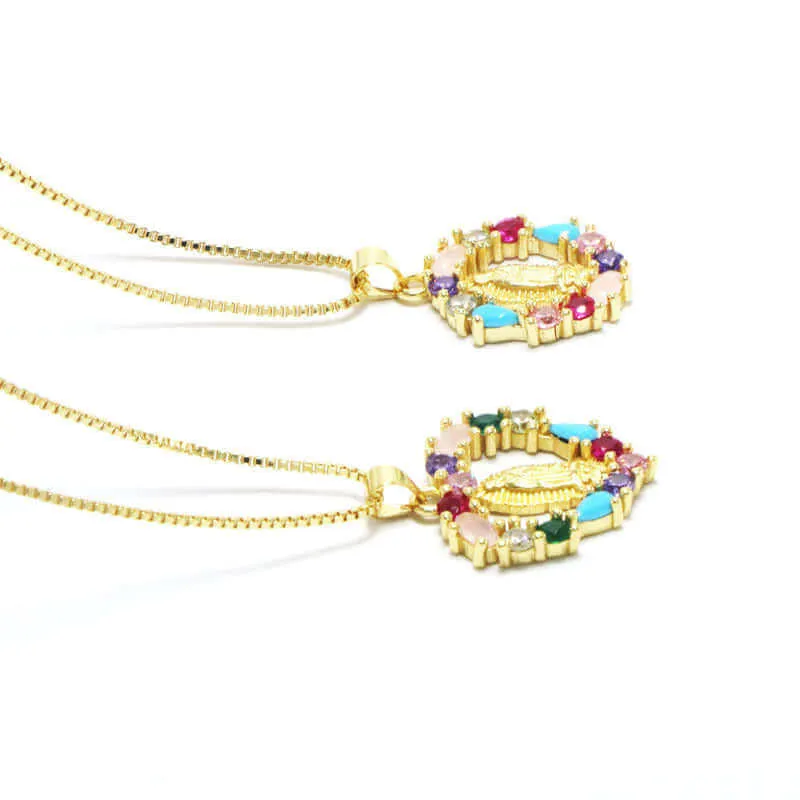 Oval Heart-shaped Colored Zirconia Virgin Mary Virgencita Necklace