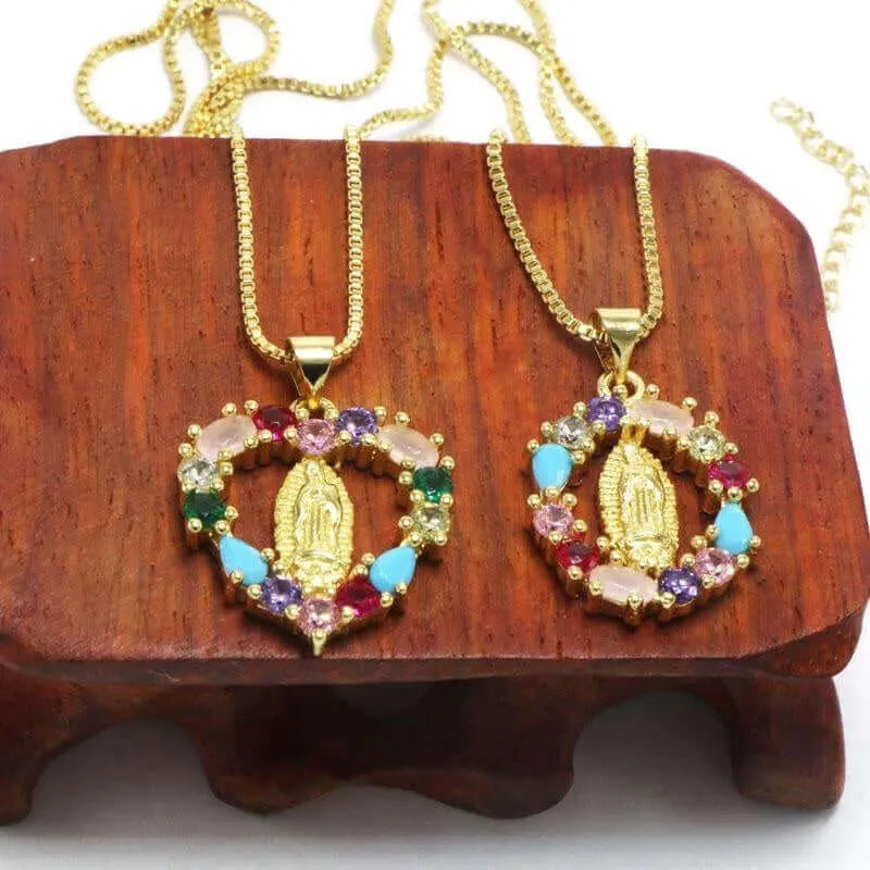 Oval Heart-shaped Colored Zirconia Virgin Mary Virgencita Necklace