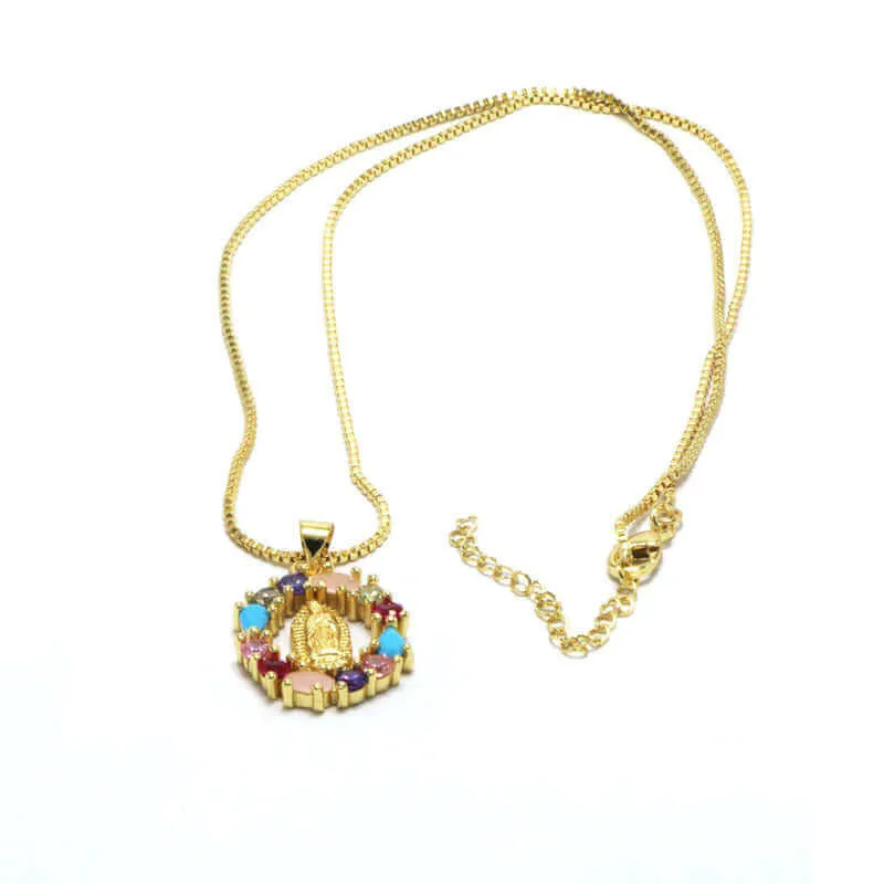 Oval Heart-shaped Colored Zirconia Virgin Mary Virgencita Necklace