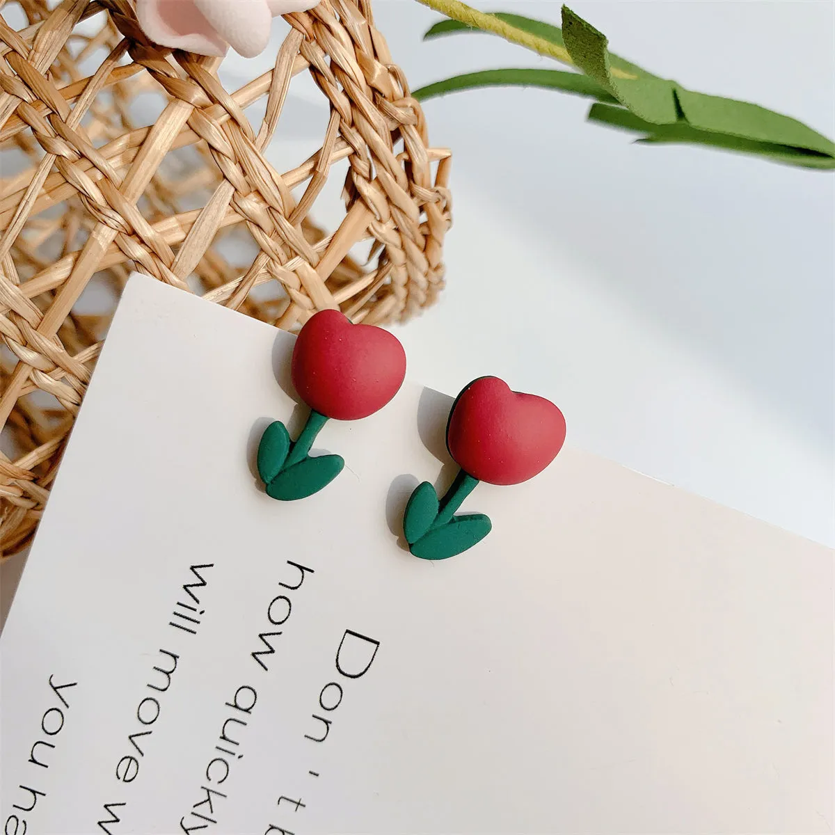 Pink & Green Enamel Tulip Stud Earrings