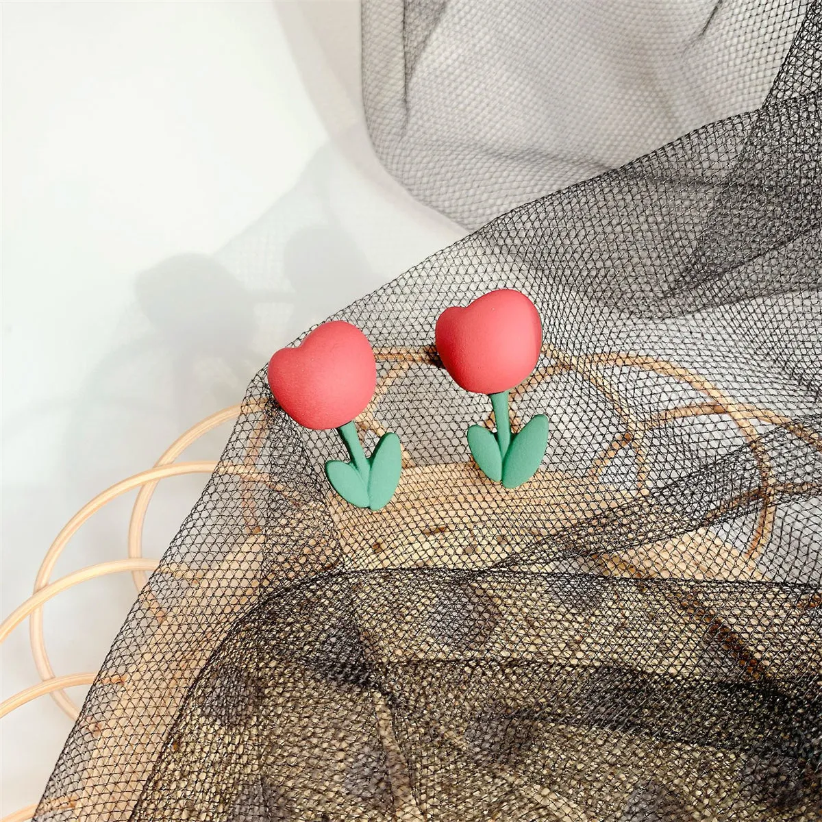 Pink & Green Enamel Tulip Stud Earrings