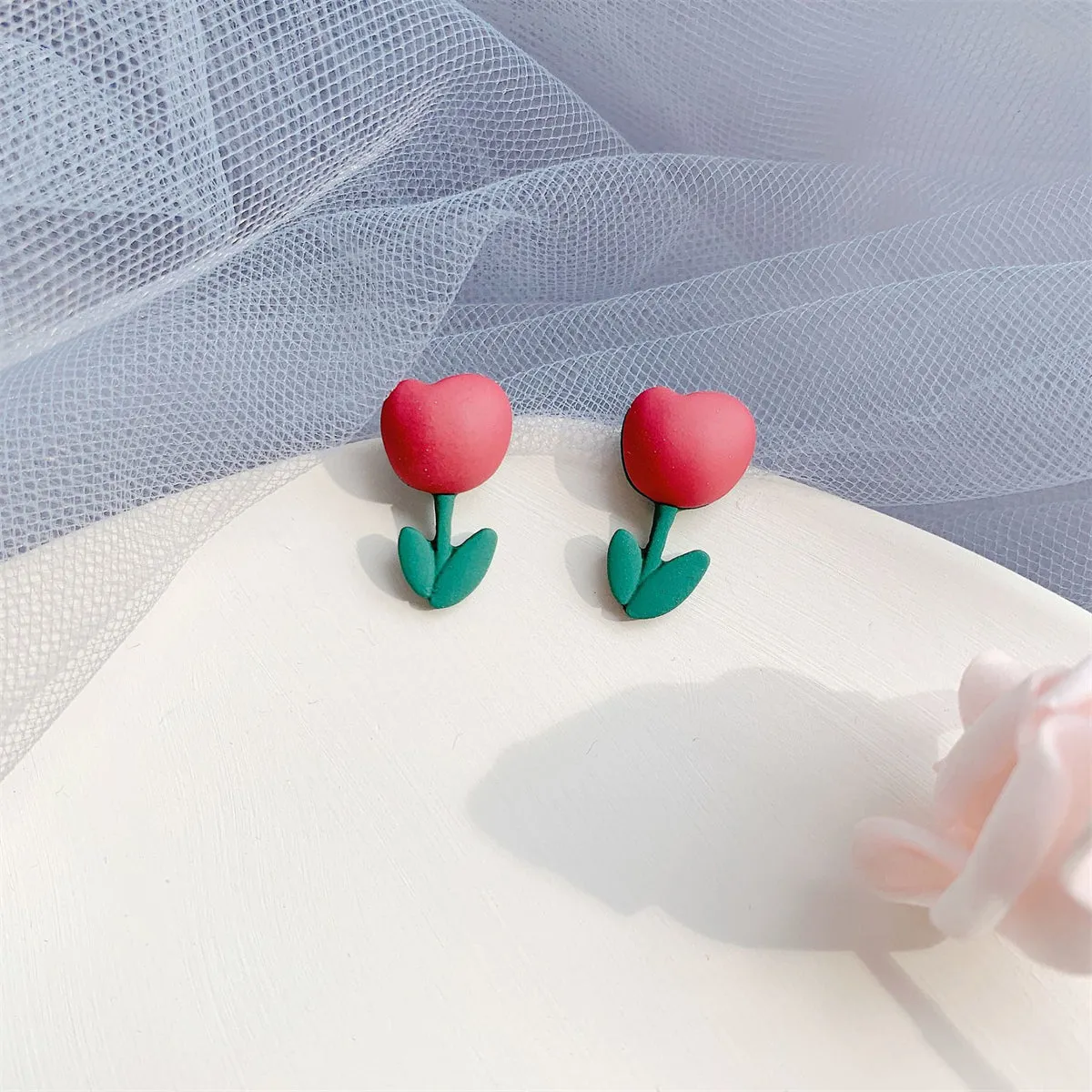 Pink & Green Enamel Tulip Stud Earrings