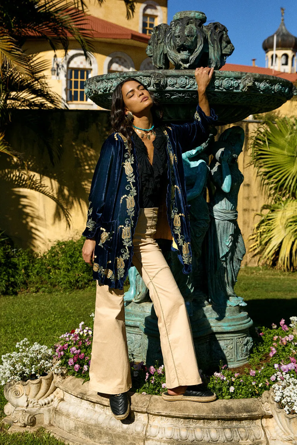Proud Mary Silk Velvet And Embroidered Short Housecoat - Midnight